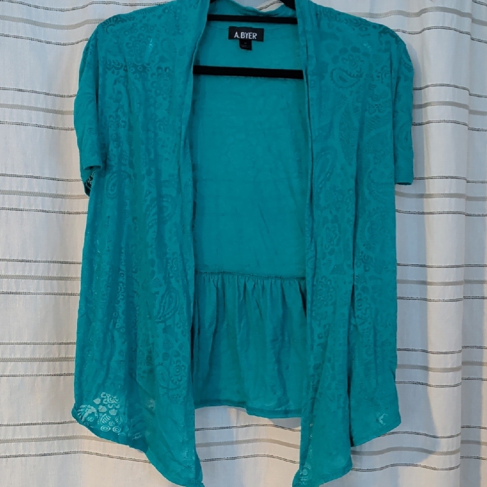 A. Byer Turquoise Lace Open-Front Top